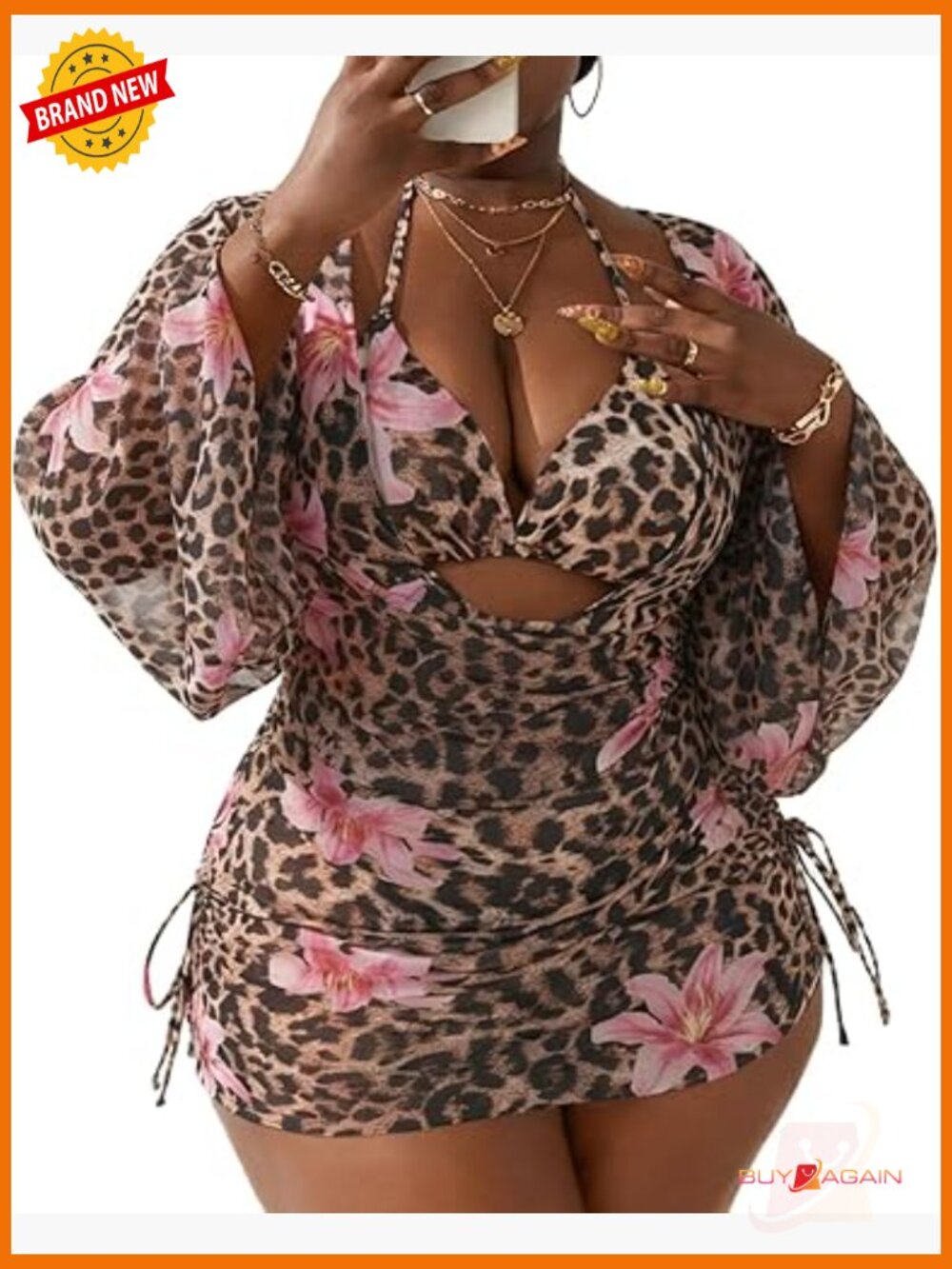 Women's Plus Size 3 Piece Bikini Set with Cover Up Halter Triangle Swim